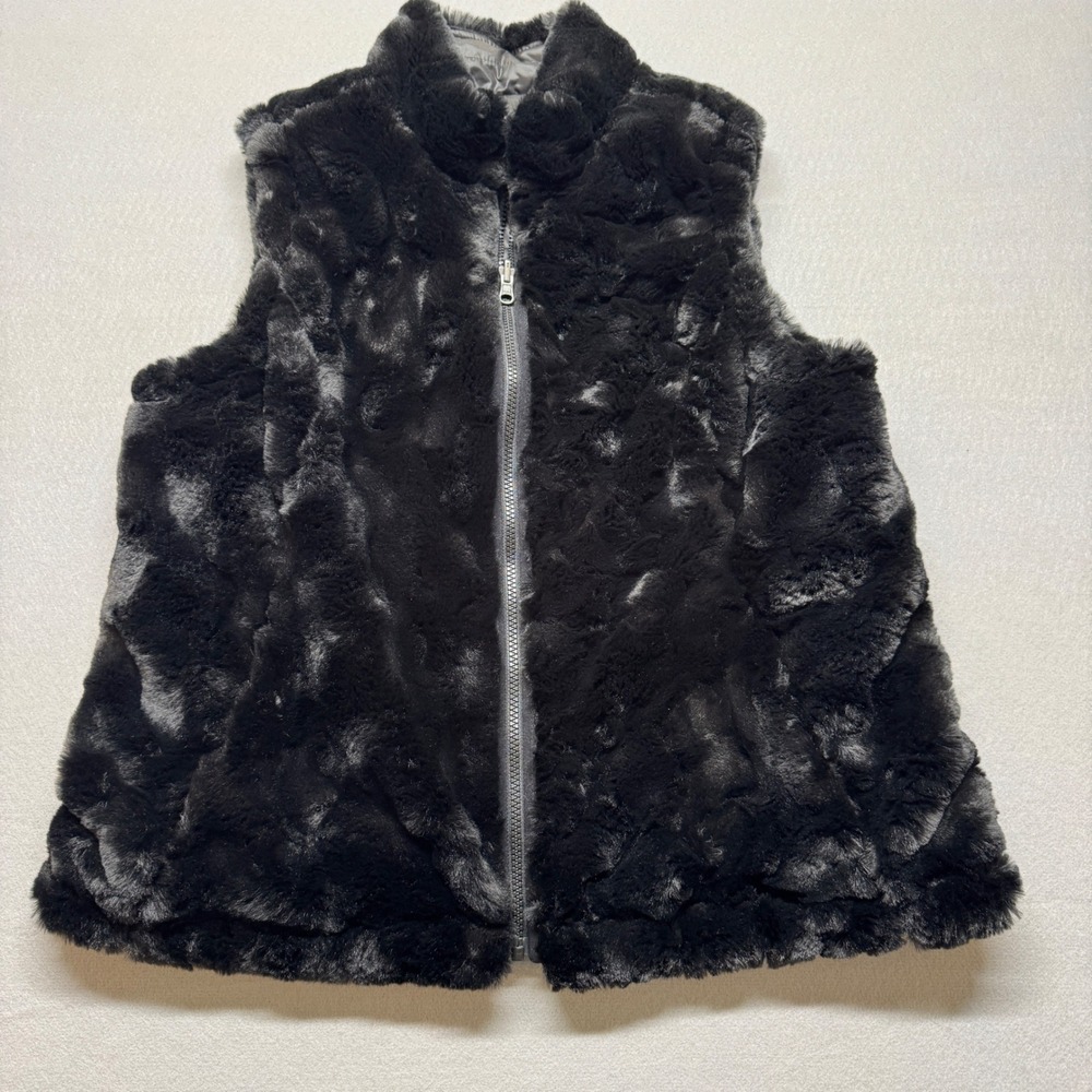 Nicole Miller Original Black Faux Fur Reversible Vest Full Zip Large